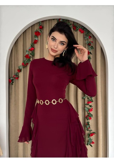 Nils Butik Fırfır Detaylı Abiye Elbise Bordo