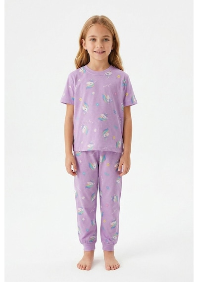 Bunny Hopp Bunnyhopp Kız Çocuk Pijama Takımı Pamuk Unicorn Desenli Yazlık Kısa Kollu Lila