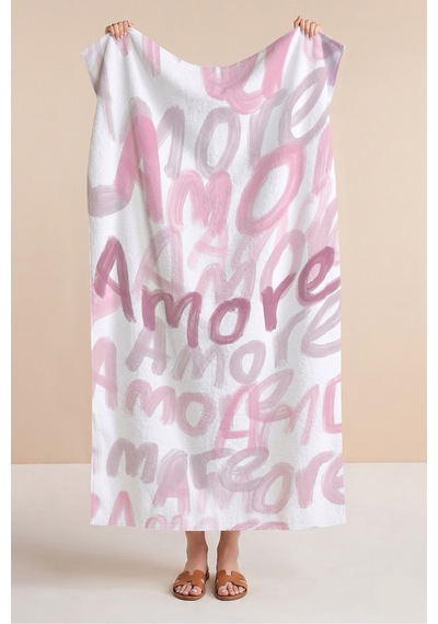 Amore Yazılı Modern Plaj Havlusu - Soyut Tipografik Pembe Beyaz Hızlı Kuruyan Mikrofiber Havlu Mat Bulut
