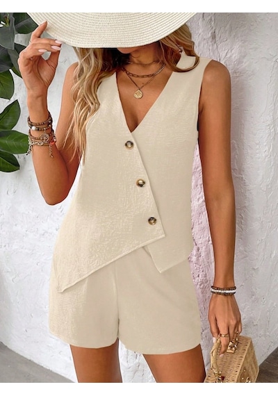 Buğrahayalin Kadın Askılı Önü Düğmeli Asimetrik Detaylı Bluz Ve Astarlı Short Ikili Takım Bej Buğrahayalin Kadın Askılı Önü Düğmeli Asimetrik Detaylı Bluz Ve Astarlı Short Ikili Takım Bej