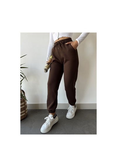 Gugus Trend Kadın Kışlık Kalın İçi Polarlı Yüksek Bel Paçası Lastikli Basic Jogger Eşofman Altı Kahverengi