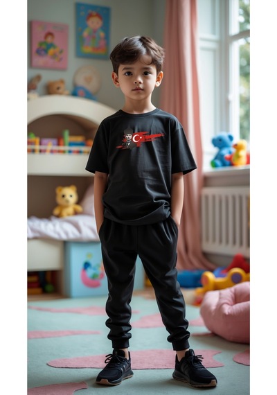 Uyguntarz Çocuk Atatürk Tasarım Basklı Tshirt Eşofman Takımı Siyah