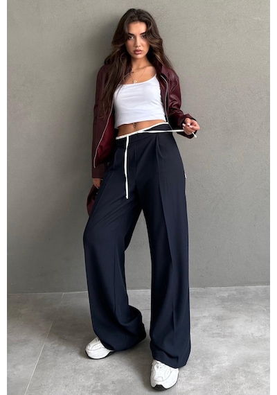 Madmext Lacivert Çift Bel Bantlı Wide Leg Kadın Pantolon Mg2551 Lacivert