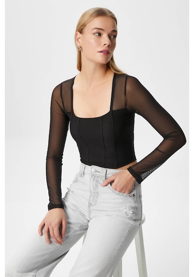 Ritnice Kadın Alina Korse Görünümlü Siyah Tül Crop Bluz