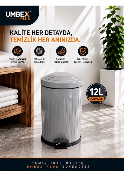 12 Lt Vıntage Grı Amortısorlu Kapak Yavas Kapanır Çöp Kovası Gri