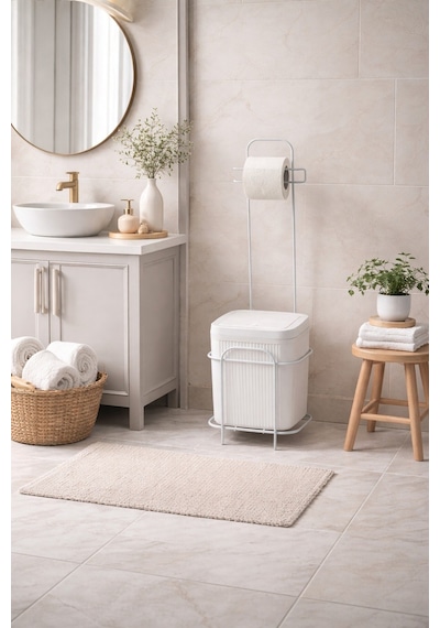 Decorev Metal Standlı Click Kapaklı Banyo Kovası & Tuvalet Kağıtlıklı Banyo Seti Beyaz