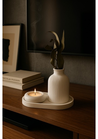 Seramik Vazo, Tealight Mumluk Ve Dekoratif Tepsi Seti - Beyaz Minimal Tasarım 62477345