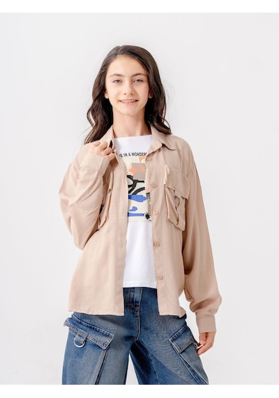 Giyicem Kız Çocuk D Tokalı Ceket T-shirt İkili Takım 1806 Bej