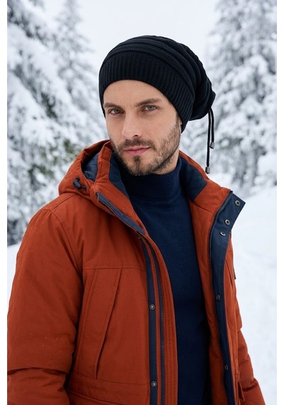 Ritagarcia Unisex Arkası İpli Büzgülü Triko Bere Kışlık Dökümlü Slouchy Beanie Bere Siyah