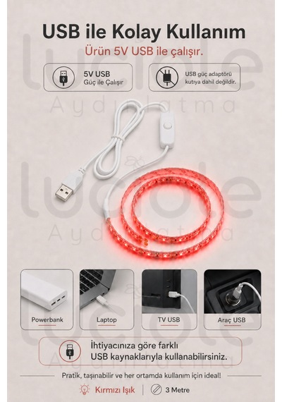3 Metre 5v Usb Kırmızı Şerit Led Aç Kapa Anahtarlı Gaming Tv Masa Raf Araç Dekoratif Led