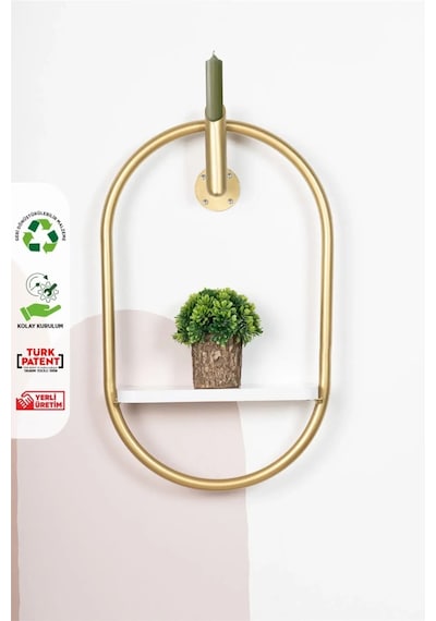Çiçeklik Gold Oval Duvar Rafı Çiçekliği Dekoratif Sunta Raflı Duvar Çiçekliği Duvar Mumluk Bakır