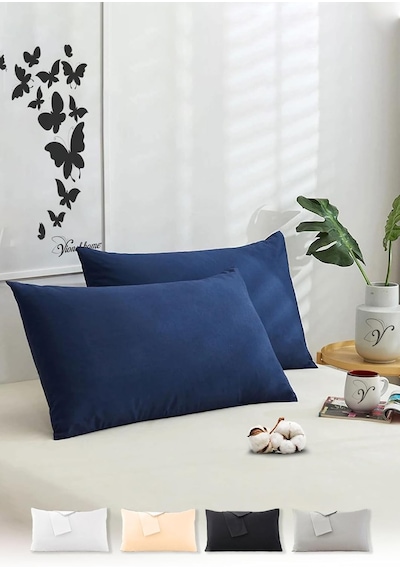 Vionel Home Pamuklu 2'li Kapaklı Yastık Kılıfı 50x70 Cm - Yumuşak Ve Nefes Alabilir Gece Mavisi Abanoz