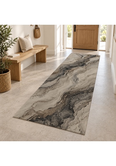 Kartela Halı Mineral Akış Gri Antrasit Koridor Mutfak Yolluk Halısı Kaymaz Taban 100x300 Cm