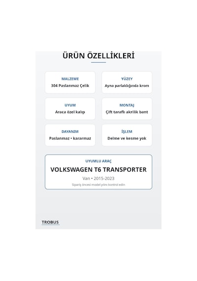Volkswagen T6 Transporter 2015-2023 Uyumlu Krom Yan Kapı Çıtası 7 Parça Paslanmaz Çelik Uzun Şasi