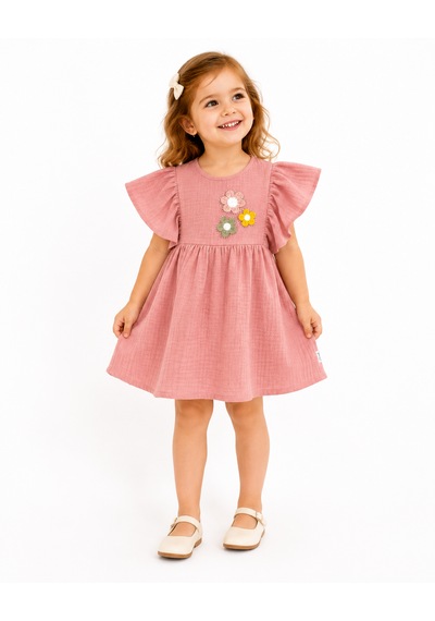 Tucankids Kız Çocuk Pembe Müslin Elbise Fırfır Kollu