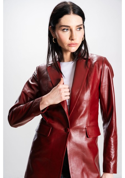 Dericlub Gloria Kadın Ceket Yaka Tek Düğmeli Gerçek Deri Blazer Ceket Ök.bordo