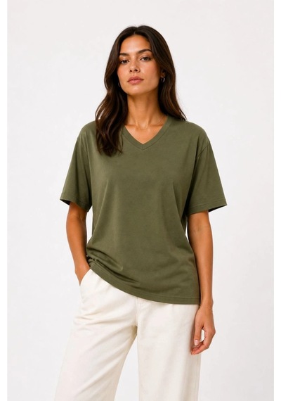 Wear Vexel Kadın V Yaka Basic Tişört Kısa Kol Yazlık Regular Fit T-shirt - Haki Haki