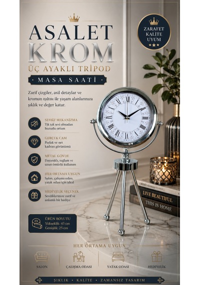 Asalet Krom Üç Ayaklı Metal Masa Saati