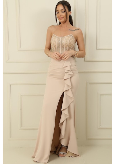 By Saygı Kadın Üstü Boncuk İşlemeli Balenli Transparan Önü Volanlı Yırtmaçlı Astarlı Uzun Elbise-36167 Gold By Saygı Kadın Üstü Boncuk İşlemeli Balenli Transparan Önü Volanlı Yırtmaçlı Astarlı Uzun Elbise-36167 Gold