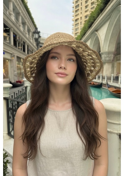 Mollycrush Kadın Yazlık Hasır Camel Şapka Dantel Kenarlı Bohem Plaj Aksesuarı Camel