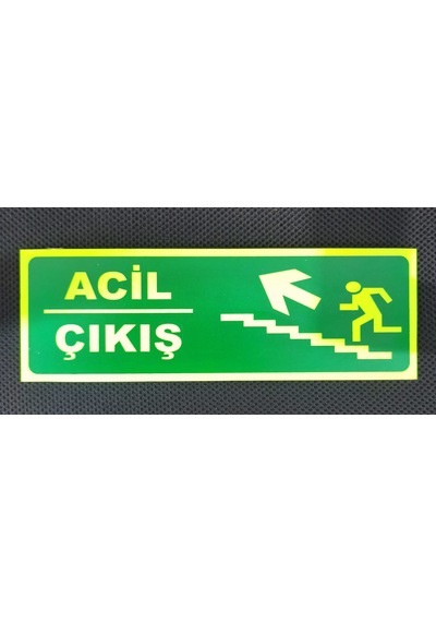 30x10 Cm Fosforlu Merdiven Yangın Uyarı Sol Yukarı Acil Çıkış Levhası