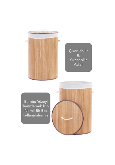 Naturel Yuvarlak Kirli Çamaşır Sepeti - Bambu Katlanabilir Çamaşır Sepeti Sele 35x50 Cm 60 Lt Bej Bej