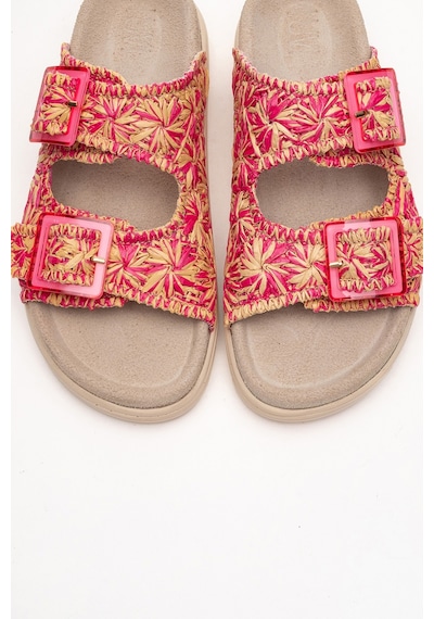 Luvishoes Luvi Shoes Mılana Pembe Desenli Hakiki Deri Tokalı Çift Bantlı Kadın Terlik Pembe