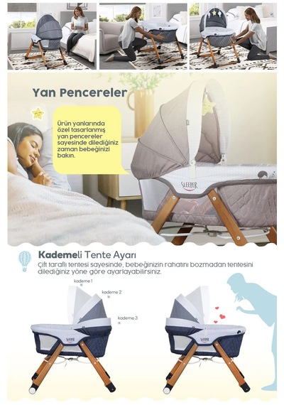 Kiwi Sleeper Anne Yanı  Ayarlı, Tekerli, Katlanır Ahşap Beşik - Antik Bohem Desenli