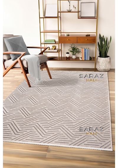Ada Kilim Modern Salon Mutfak Koridor Kesme Yolluk Dokuma Makine Halısı Zigzag Krem Vizon