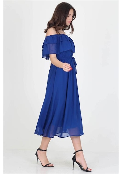 Neşeli Butik Kadın Saks Mavisi Madonna Yaka Bağlama Detaylı Şifon Elbise Ry8060 Saks