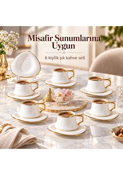 Valkyrie Asalet Serisi 6 Kişilik 12 Parça Kahve Fincanı Takımı Gold Detaylı Porselen Fincan Seti Beyaz Altın