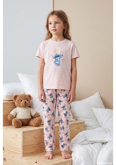 Remsa Kız Çocuk Kısa Kol Baskılı Penye Pijama Takımı 6572 Pudra