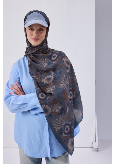 Silk Home Viskon Karışımlı Mayda Şal Çelik Mavi-indigo Desenli Tok Duruşlu 190x70 Çok Renkli