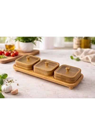 3'lü Standlı Bambu Çerezlik - Kapaklı Kahve Yanı Sunumluk Bambu Kase Kahvaltılık Sunum Kasesi Bambu