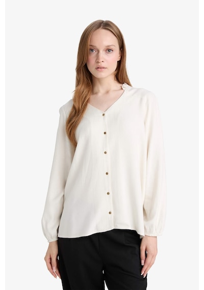 Defacto Regular Fit Bisiklet Yaka Simli Kumaş Uzun Kollu Gömlek F0226ax25auer105 Ekru