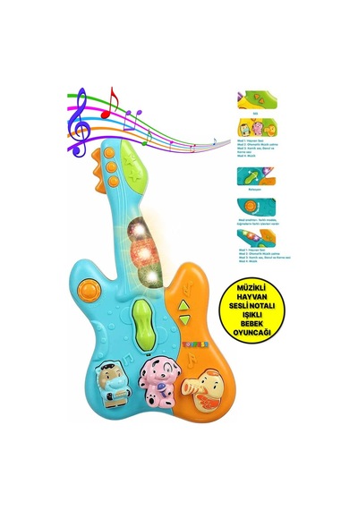 Hayvan Sesleri Çıkaran Işıklı Ninnili Müzikli Gitar İnteraktif Bebek Eğitici Tuşlu Oyuncak - Mavi