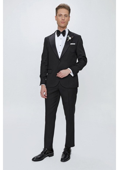 Efor Black 062 Slim Fit Çıkarılabilir Saten Yaka Siyah Damatlık Smokin Takım Siyah