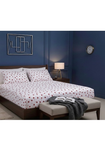 More Home Tek Kişilik Lastikli Çarşaf Seti + Yastık Kılıf Kalp Desenli Beyaz Kırmızı