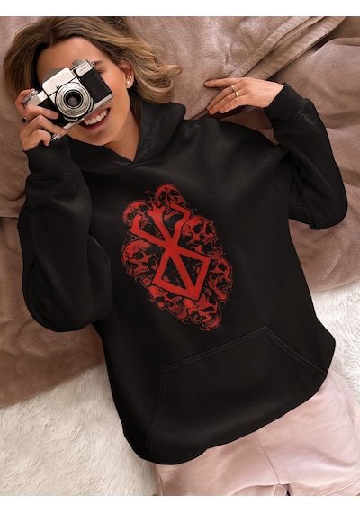 Sevbano Tasarım Berserk Guts Logo Baskılı Unisex Oversize Anime Karakter Siyah