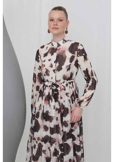 Puane 12601 Kadın Desenli Elbise Beıge-brown