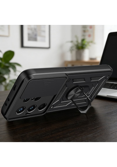 Maks Technology Tecno Camon 50 Pro Kılıf Magnetik Standlı Kamera Korumalı Mkst Sürgülü Vega Kapak - Siyah