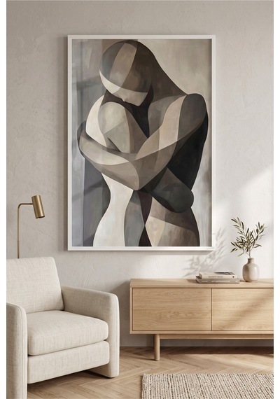 Beyaz Ahşap Çerçeveli Soyut Sarılan Çift Modern Sanat Duvar Tablosu Beyaz