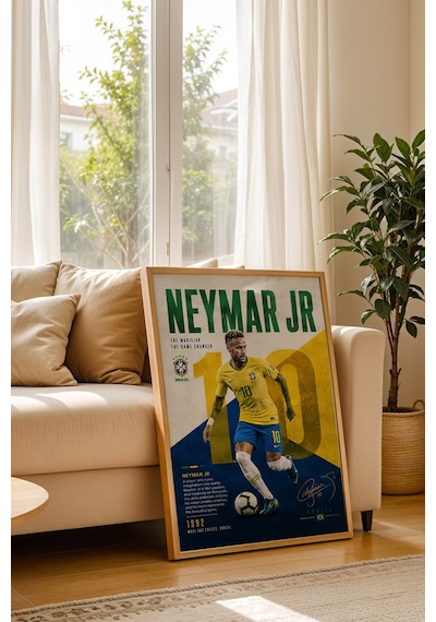 Neymar Brezilya Çerçeveli Tablo Premium Futbolcu Tabloları Lüks Salon Duvar Dekorasyonu Kayın