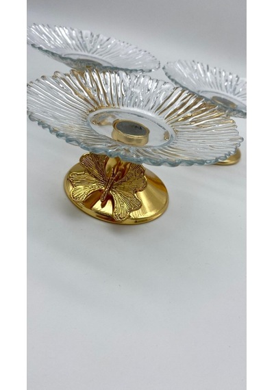 3'lü Kelebek Ayaklı Gold Cam Lokumluk, Şekerlik, Çerezlik, Kahve Yanı Sunumluk 13cm Gold