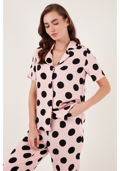 Lela Rahat Kesim Bol Paça Mono Yaka Kısa Kollu Bayan Pijama Takımı 6110290 Pembe