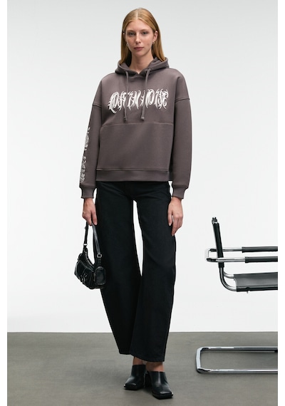 Grimelange ALIRAYNE Kadın Baskılı Oversize Kapüşonlu Kanguru Cep Antrasit Sweatshirt