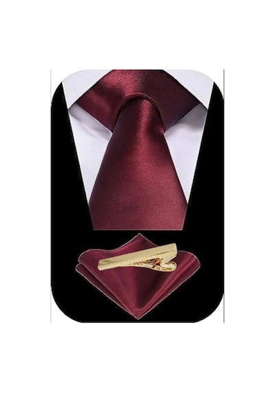 Tezzgelsin Erkek Saten Kravat Mendil Ve Gold Çelik Kravat İğne Set Bordo