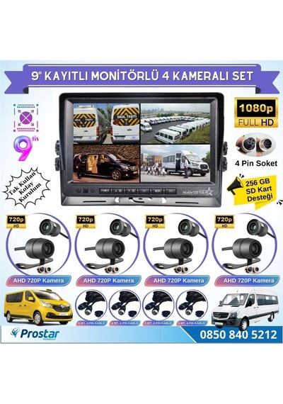 9 Inç Dörde Bölünür Kayıtlı 256gb Sd Destekli 4 Kameralı 720p Ahd 4 Pin Soketli Tak Kullan Kamera Seti