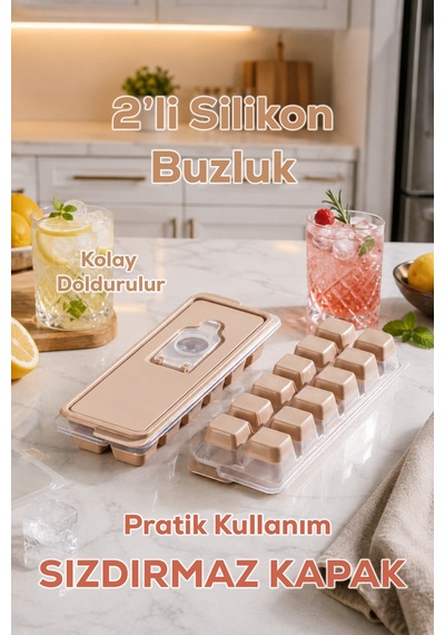 Silikon Buz Kalıbı Kapaklı Dökmeden Kolay Dolum, Bpa İçermez, Pratik Buz Yapma Kabı-buzluk-cappuccino-2 Adet
