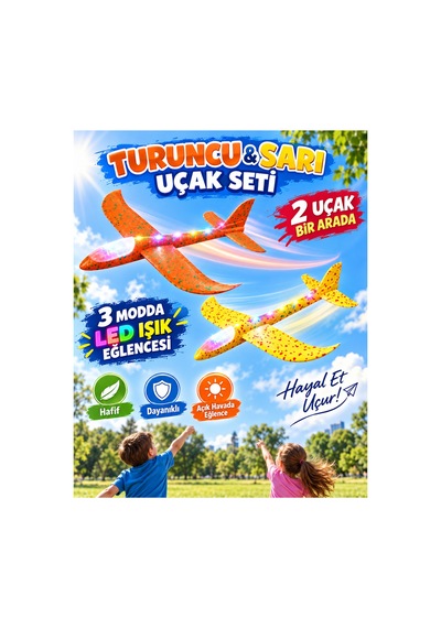 2 Li Led Işıklı Köpük Uçak Seti - Büyük Boy-turuncu & Sarı Hafif Dayanıklı Fırlatma Uçağı Açık Hava Oyuncağı - 921733635